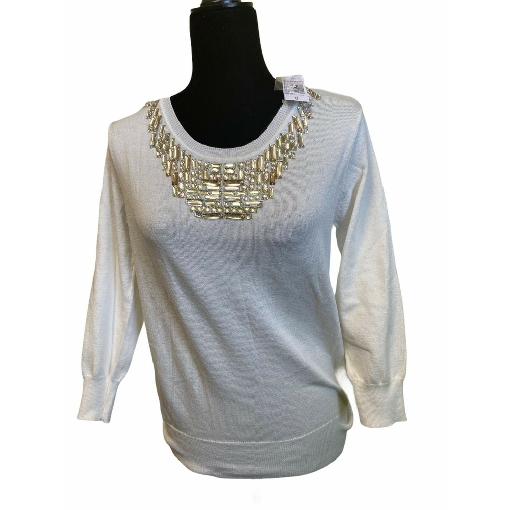 Roz &‎ Ali Embellished Jewel Neck Sweater Women Small White Career Party Glam
